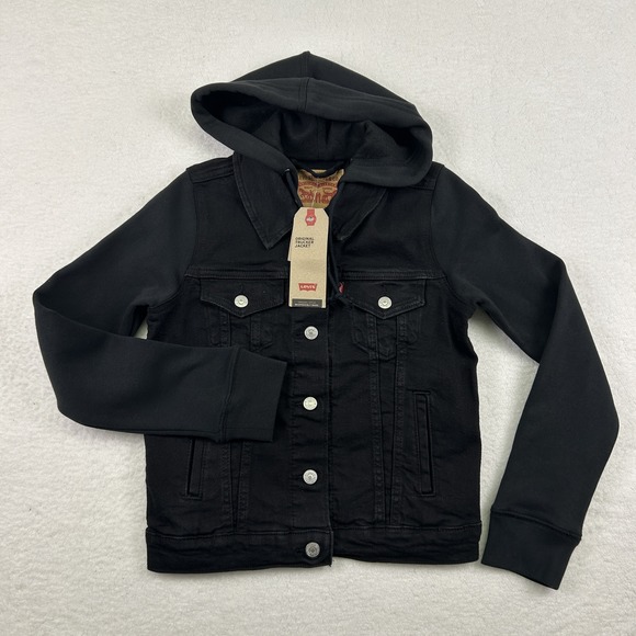 Levi's Jacket Womens XS Trucker Hooded Denim Black Button Casual - Picture 6 of 15